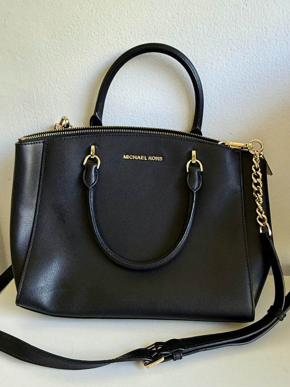 Michael Kors Black Leather Satchel with Gold-Tone Accents